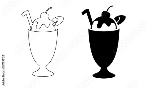 Ice Cream Sundae Cup Icons in Outline and Silhouette Style with Cherry Topping, Perfect for Dessert Menu, Food Design, and Sweet Shop Branding