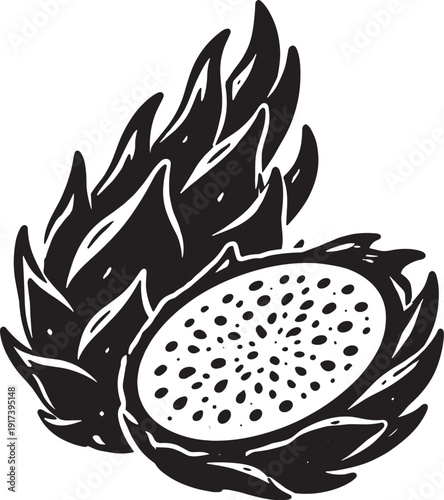 Dragon fruit pitaya slice with seeds black silhouette vector icon on transparent background