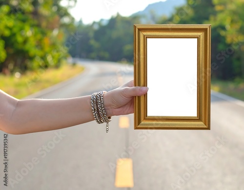 Hand holds a gold picture frame against a blurred road background