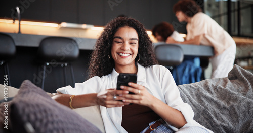 Obraz na plátně Cellphone, relax and woman on sofa in home with networking, communication or social media online