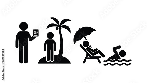 Stick figures depict vacation activities from passport control to beach relaxation and swimming.