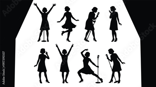 Female singer silhouette collection, woman performing on stage with microphone, dancing artist poses isolated on white background