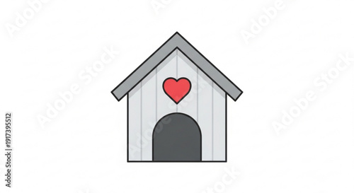 A white dog house with a gray roof and door featuring a red heart symbol on the front conveying love and care for pets in a simple cartoon style