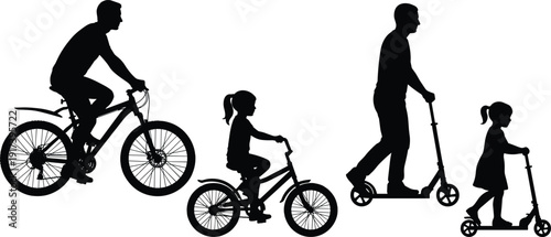Family cycling and scooter silhouettes, father and daughter riding bicycle and kick scooter isolated on white background