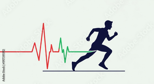 Man running with dynamic ecg heartbeat lines symbolizing fitness and health monitoring