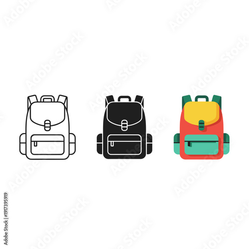 Three colorful backpacks in different styles and colors Vector