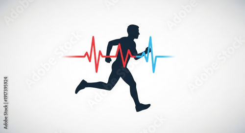 Man running with red and blue ecg heartbeat lines symbolizing fitness and health monitoring