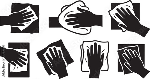 Hands holding and wiping with cloths in various motions