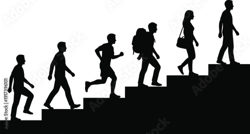 People climbing stairs silhouettes, career growth concept, business progression stages, black vector isolated on white background illustration
