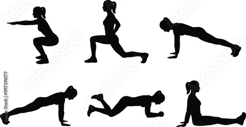 Women fitness workout silhouette set, squat lunge plank exercises, female home training routine, black vector isolated on white background