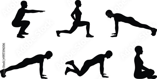 Woman fitness exercise silhouettes, squat lunge plank workout poses, black vector isolated on white background illustration set