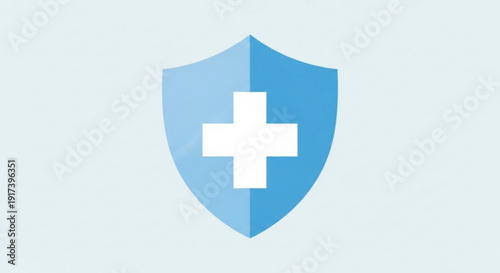 Blue shield with white medical cross symbol on light background representing protection and healthcare security