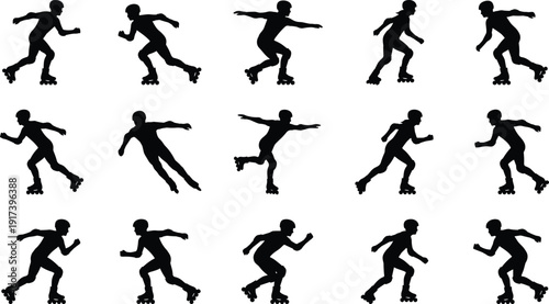 Roller skating silhouettes collection of dynamic skater poses isolated on white background inline quad skate action vector set