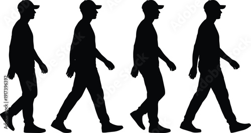 Walking man silhouette set side view male figure in baseball cap casual outfit isolated on white background
