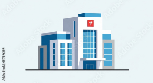 Modern hospital building with red cross sign on white and blue facade architecture