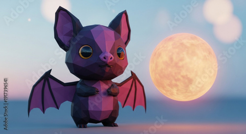 Purple Cartoon Bat Flying Near Full Moon at Sunset, 3D Rendering, Fantasy Scene