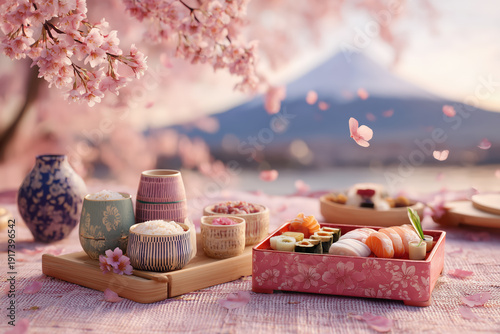 Japanese sake set with cherry blossoms picnic under sakura tree spring outdoor celebration