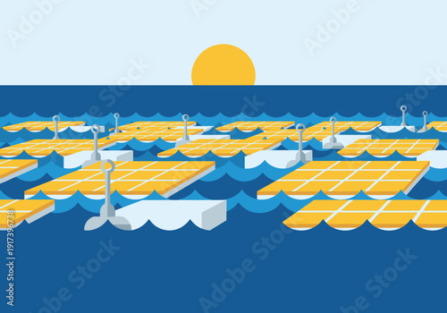 Floating solar panels generate power under a bright sun. This offshore solar power illustration showcases a clean, modern energy solution. Ideal for sustainability and renewable energy concepts.