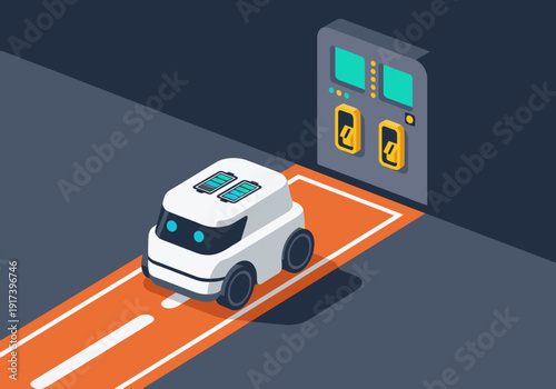 A futuristic robot autonomously docks and charges at a designated station. Clean, modern design with bright orange path. Ideal for tech, automation, and future concepts.