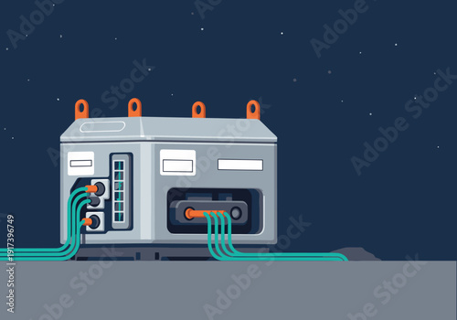 A futuristic portable reactor glows against a lunar landscape. Detailed design, remote power, and a modern aesthetic create a striking visual.