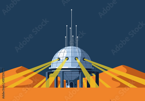 A futuristic solar hub dominates a desert landscape, radiating beams of light. Modern design, vibrant colors, and a striking composition create a compelling visual.