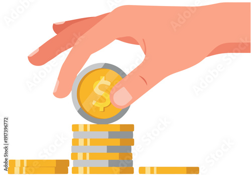 A hand deposits money onto a stack of coins, symbolizing a payout. Modern, flat design illustration. Suitable for finance, cryptocurrency, and digital payments concepts.