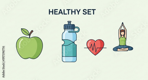Healthy lifestyle set with apple water bottle heart and woman in yoga pose on light green background