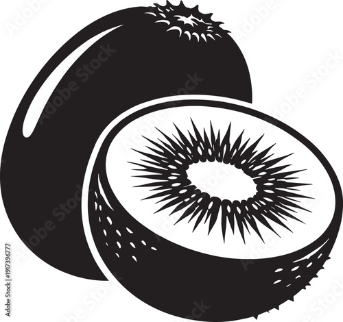 Kiwi fruit and halved kiwi vector illustration black silhouette on a transparent background