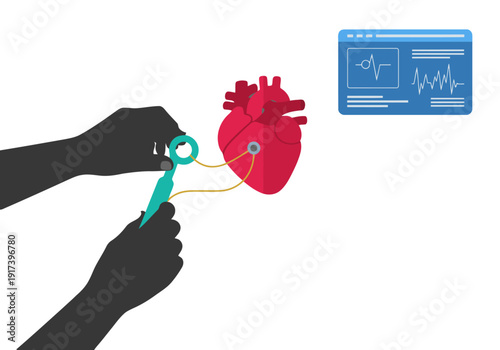 Hands perform digital surgery on a heart, connected to a digital twin display. Illustrative, modern design.  Focus on bypass surgery and digital twin technology.