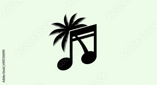 Black silhouette of a musical eighth note and palm tree on a light green background symbolizing tropical music and vacation vibes