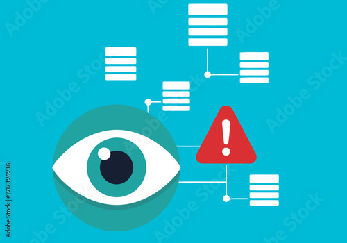 Monitor data privacy risk with a watchful eye observing interconnected data streams. A clear warning symbol highlights potential vulnerabilities. Modern, graphic design.