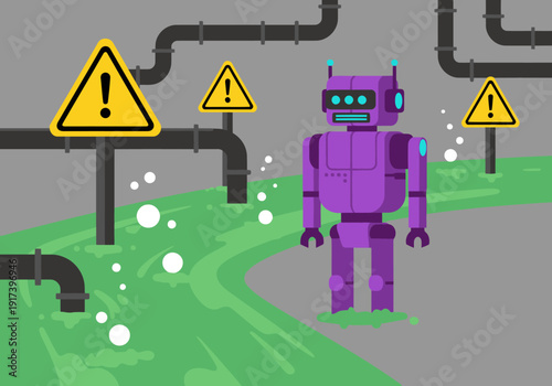 A purple robot navigates a toxic, pipe-filled landscape. Warning signs indicate danger. Futuristic and slightly unsettling design. Great for tech and warning themes.