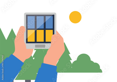 A person holds a smartphone displaying a solar cell power graphic, set against a natural backdrop. Bright, modern illustration showcasing renewable energy.
