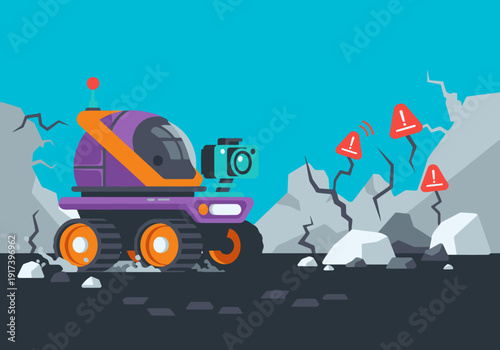 A purple scout robot explores a quake zone, equipped with a camera and warning signals. Modern, illustrative design. Great for tech and disaster themes.