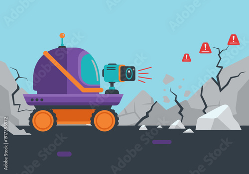 A purple scout robot navigates a rocky quake zone, detecting danger. Modern, illustrative style. Great for tech, disaster, and robotics concepts.