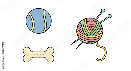 Colorful dog toy and knitting supplies illustration with ball bone yarn and needles on white background