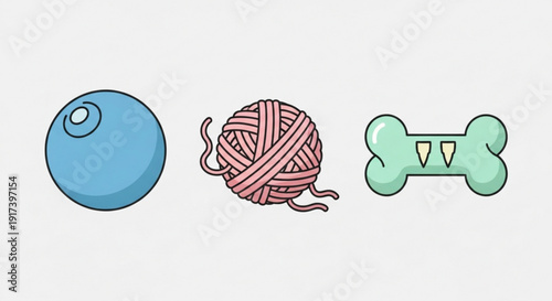 Colorful dog toys and yarn ball on white background pet accessories and objects for play