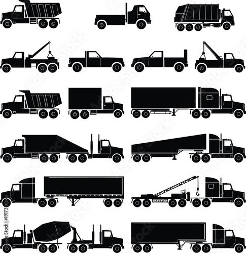 Commercial Truck Silhouette Vector Set with Dump Truck, Tow Truck, Cement Mixer, Trailer and Cargo Transport Vehicles Collection
