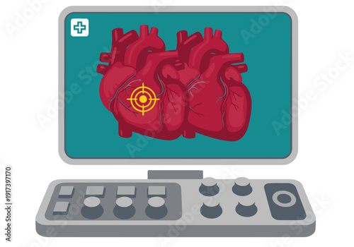 A stylized computer screen displays a robotic heart surgery interface, highlighting precision and technology. Modern, clean design for medical or tech visuals.