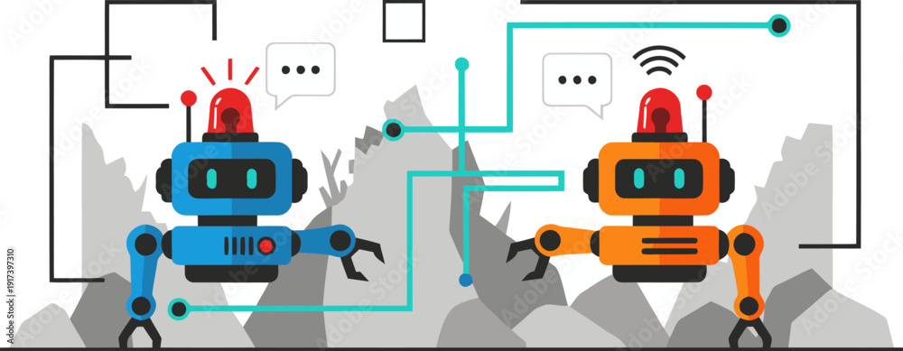 Obraz premium Two collaborative robots assist in disaster management, showcasing teamwork and technology. Modern, flat design with a rugged background. Ideal for business and technology visuals.