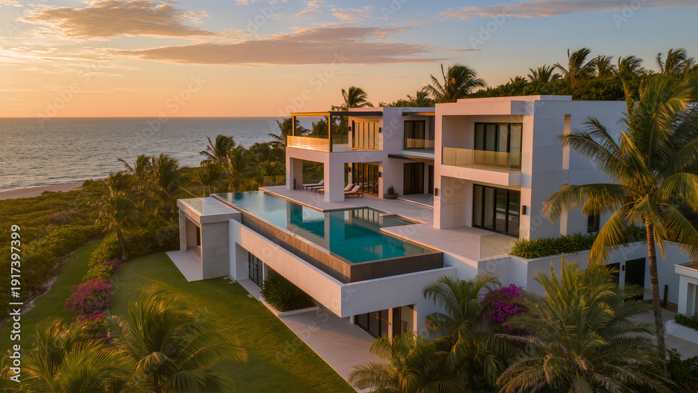Fototapeta premium Ultra realistic luxury villa aerial perspective, drone photography style, infinity pool, modern architecture, tropical landscaping, golden hour sunset lighting, cinematic shadows, high detail, 8k