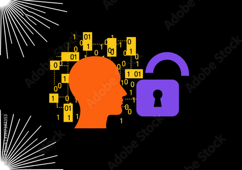 A vibrant digital illustration showcases a secure digital ID linked to a human head, protected by a lock. Bold colors and geometric patterns highlight data security and AI.