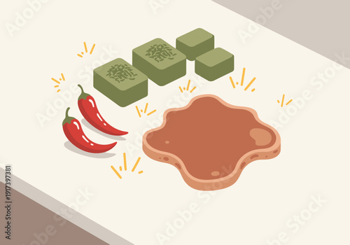 A vibrant illustration showcases a Nutrient Fat Activate Diet with chili peppers, sauce, and a textured base. Bold colors and clear composition create a visually appealing food concept.