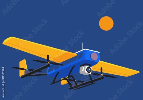 A vibrant solar drone soars against a twilight sky, showcasing innovative flight tech. Modern, bright, and visually appealing for commercial use.