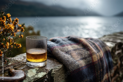 Whisky glass on stone wall overlooking misty Scottish loch with golden sunset reflection