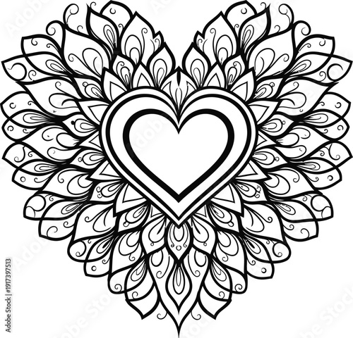 A black and white heart surrounded by leaves and floral patterns.