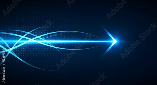 Glowing blue arrow moving fast through digital space. Business growth and technology direction concept. Abstract neon light pointer flying forward on dark background