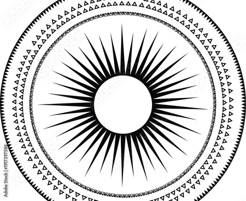 Ancient symbol featuring a sunburst design within concentric circular patterns.