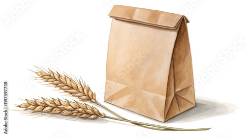 Brown paper bag with wheat stalks representing organic bakery and natural food packaging