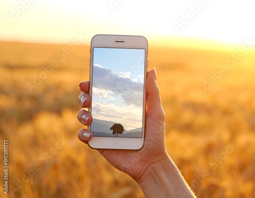 Hand holds a smartphone, capturing a beautiful natural landscape